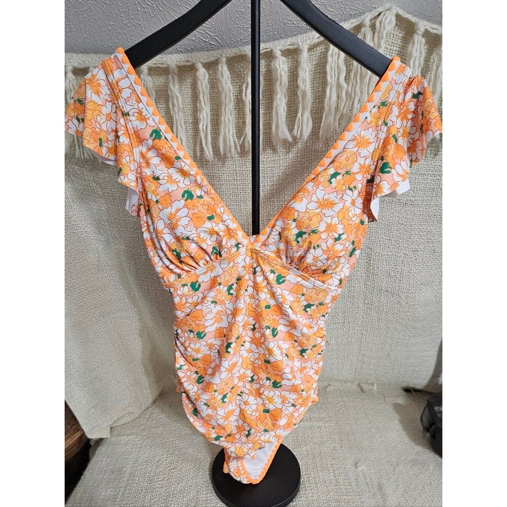 Aidonger Floral Orange V-Neck One-Piece Swimsuit with Ruffle Straps